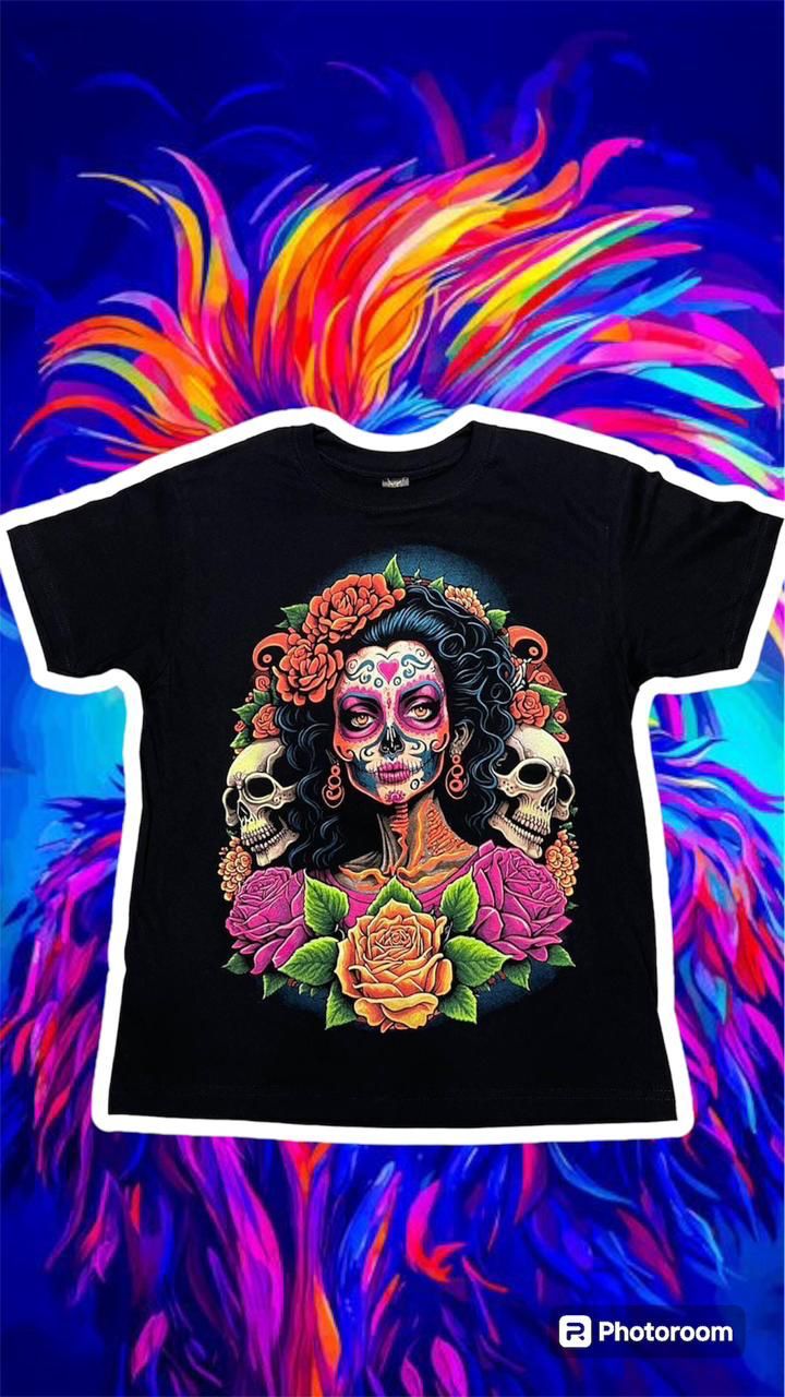 ☠️👩🏽 Camiseta acuarela y puntillismo Katrina calavera 👩🏽☠️